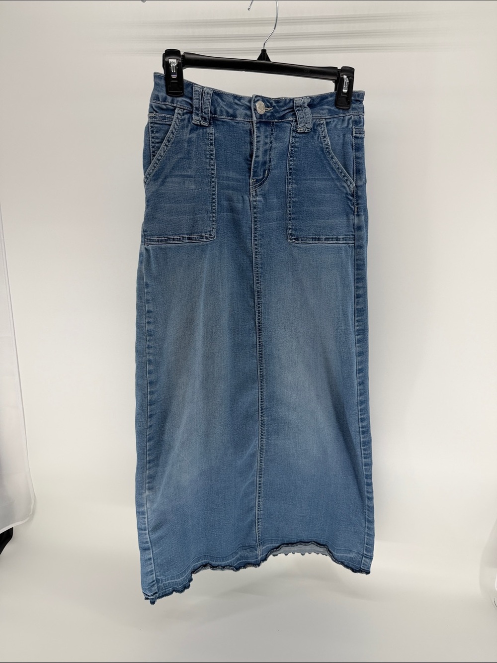 Light Blue Denim Straight Midi Skirt with Patch Pockets